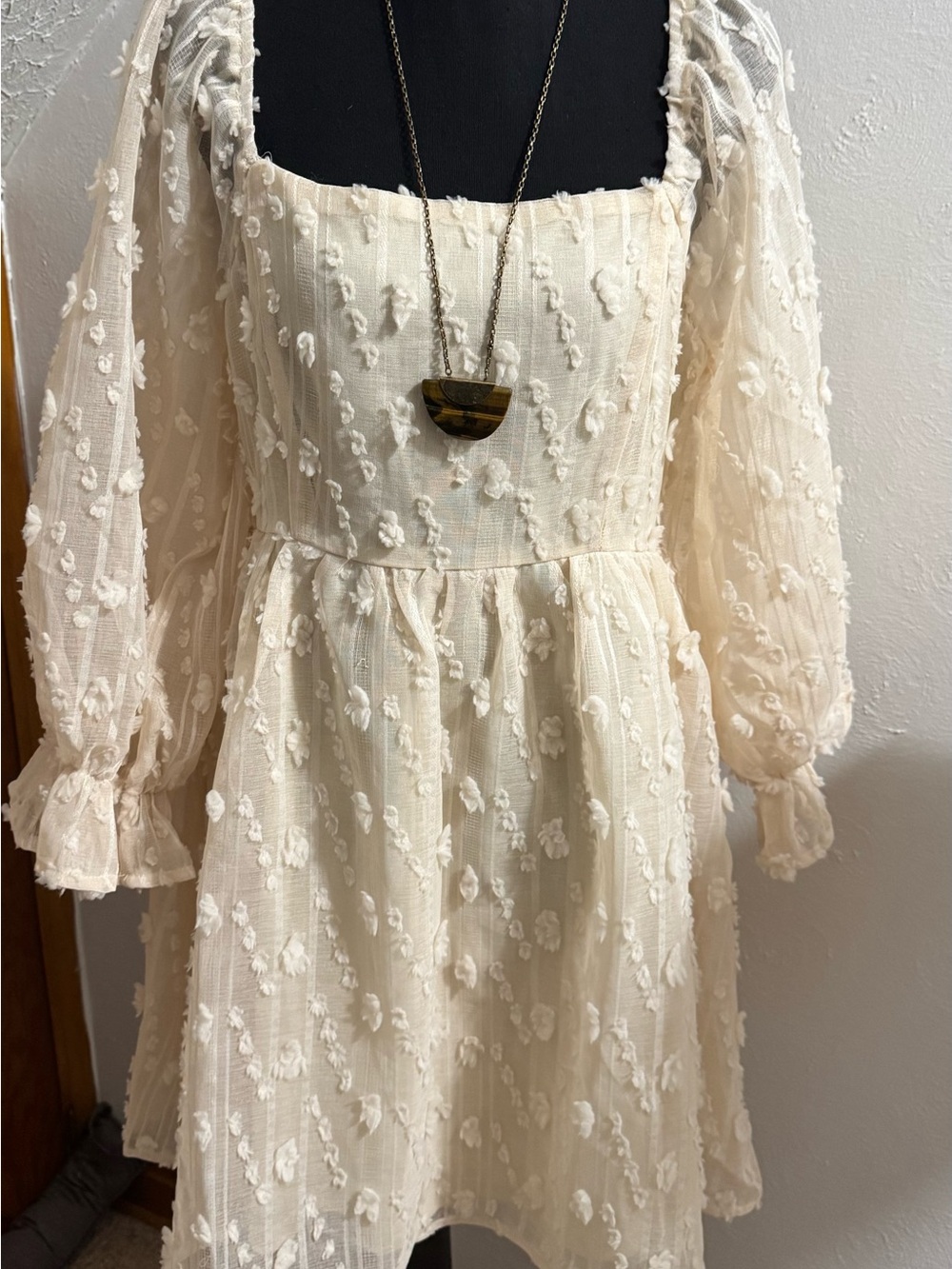Flying Tomato Ivory Textured Floral Puff Sleeve Dress